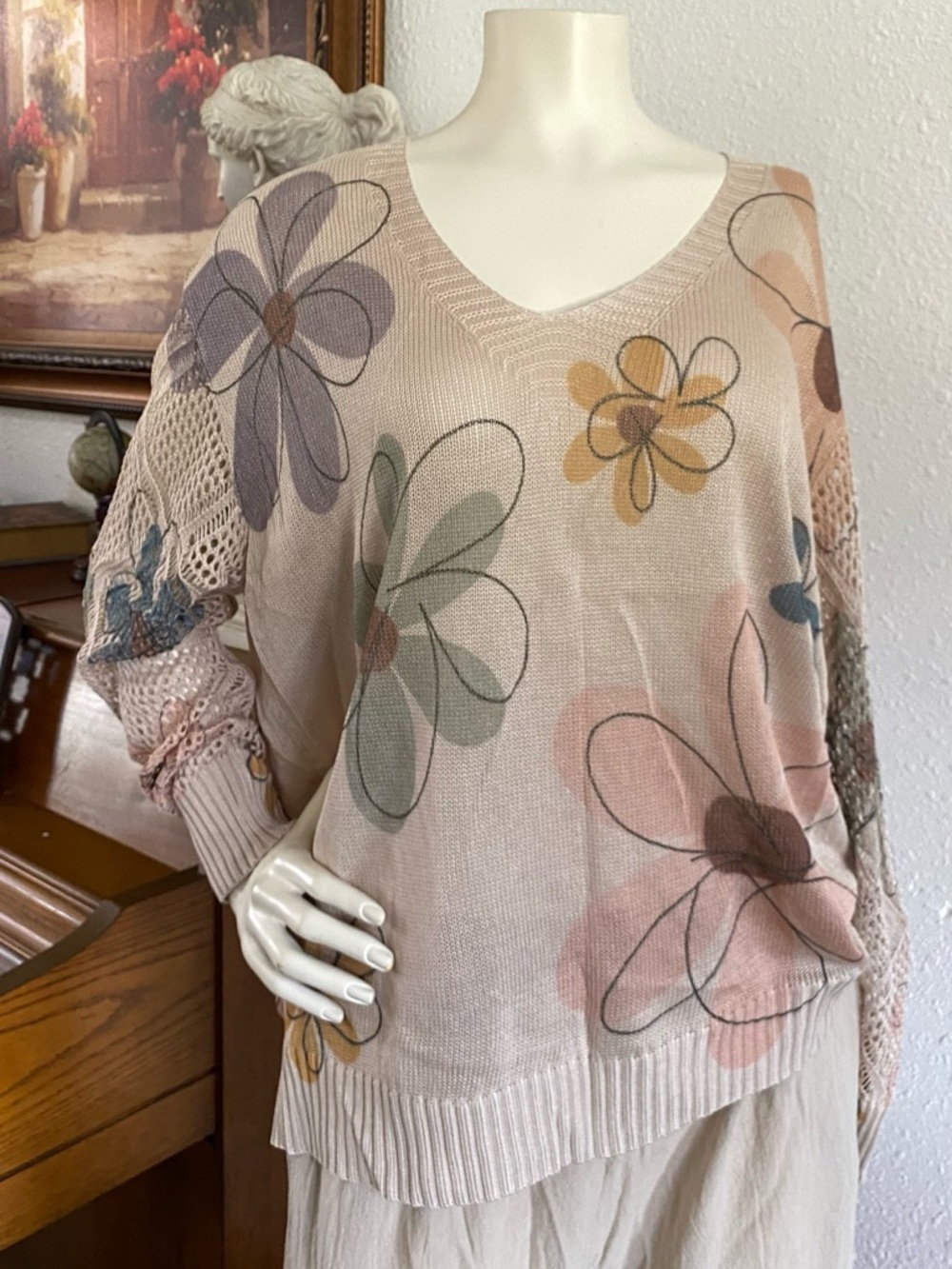 ME Makeover Essentials V-Neck Floral Knit Sweater in Blush Pink and Sage